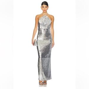 Lovers + Friends Silver Sequin Halter Dress